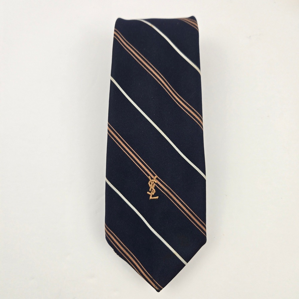 Yves Saint Laurent YSL Mens Navy Blue Gold White Striped Silk Necktie Logo Tie